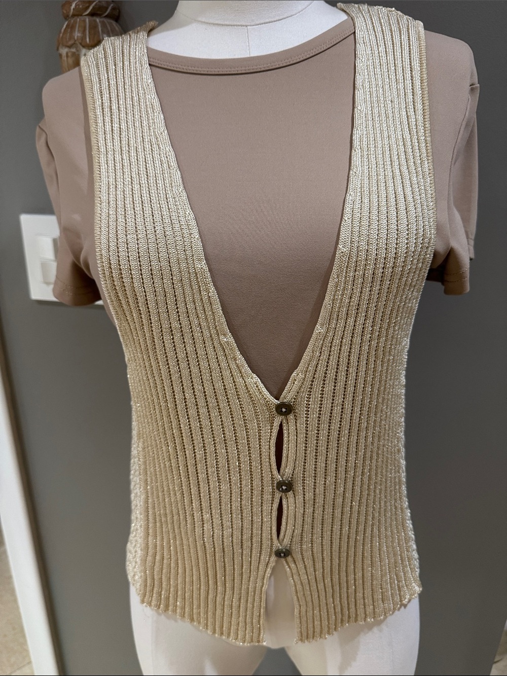 Free People Metallic Ribbed Knit Button-Front Vest in Champagne & T-shirt Bundle